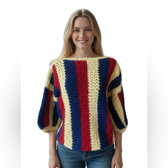 Hand Crochet Striped Multicolor Pullover Sweater Fits NEW Women’s Size S/M - Picture 3 of 9